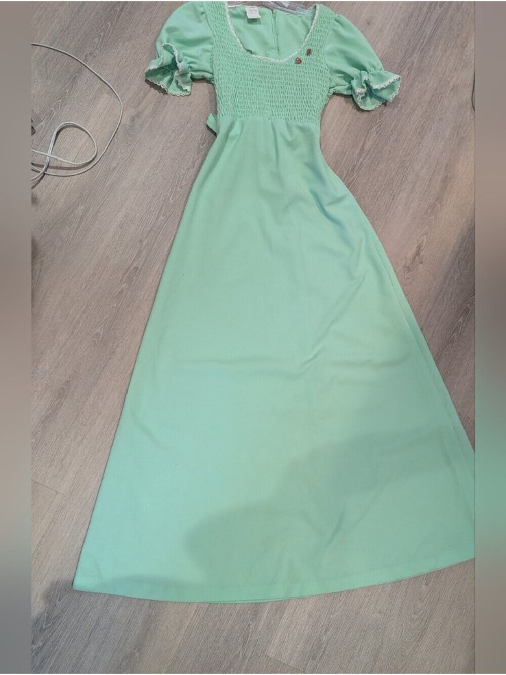 Vintage Mint Green Smocked Maxi Dress with Puff Sleeves - Picture 2 of 10
